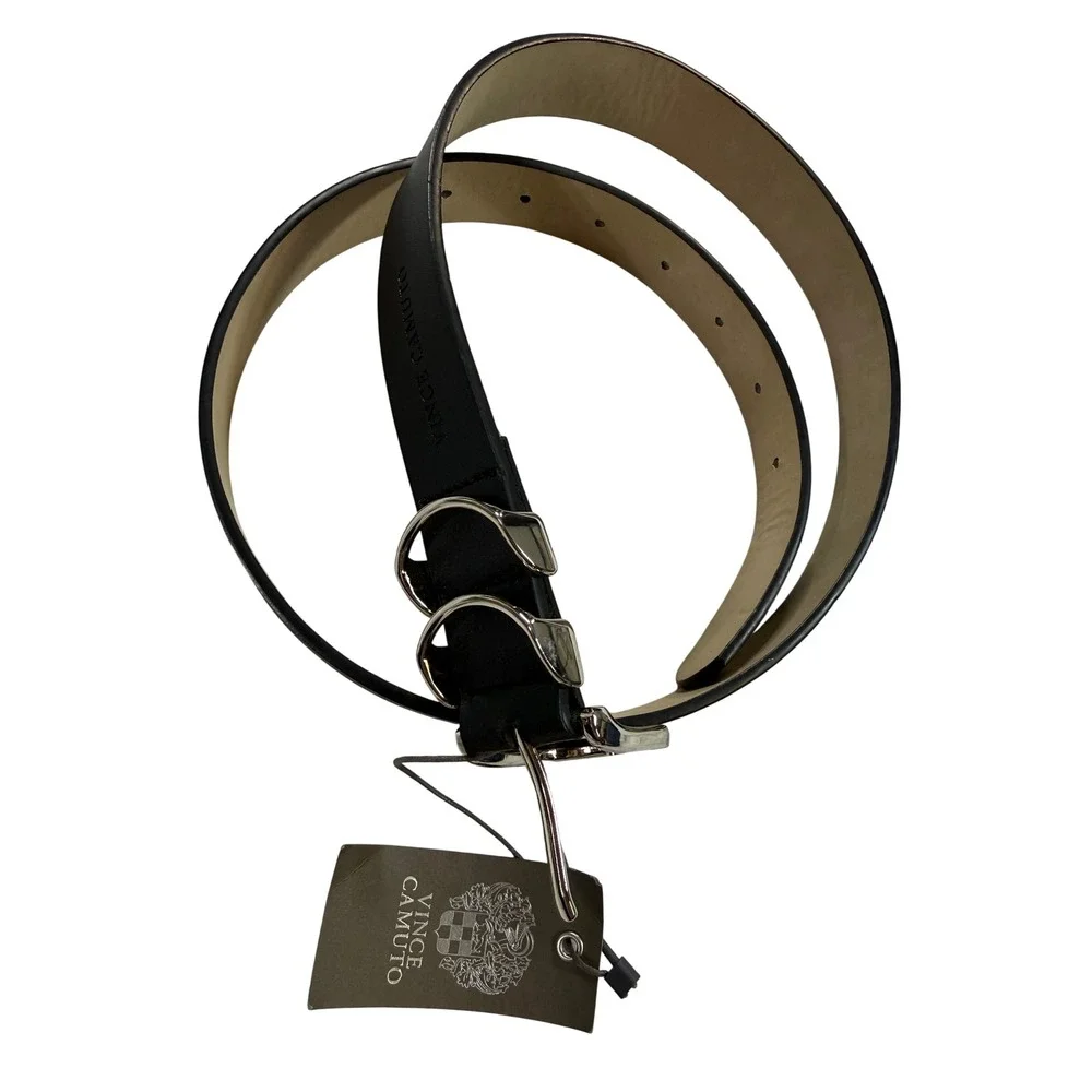 Vince Camuto Leather Belt Womens Medium Black NWT Double Ring Buckle VB422310